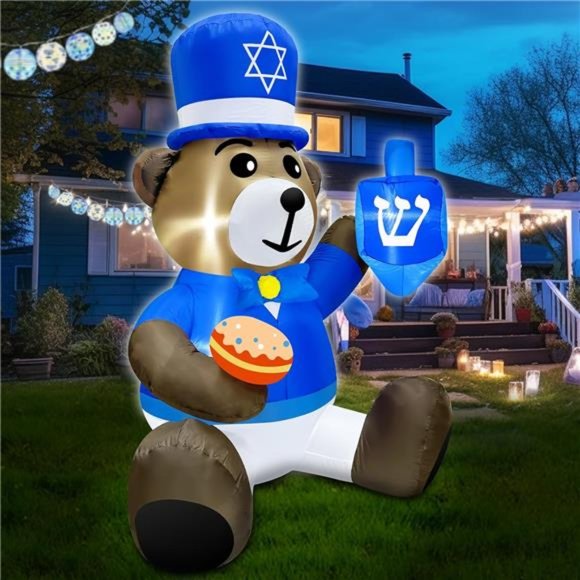 5 Ft Hanukkah Inflatable Outdoor Decor Bear Holds Dreidel Doughnut with Lights - Picture 3 of 6